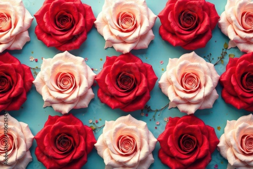 Bold rose motifs arranged in a square repeating pattern , petal, square