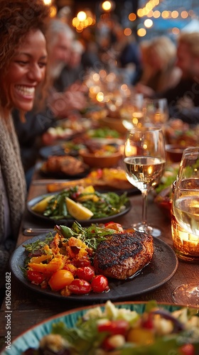 Joyful Dinner Party Laughter with Food, and and Friends.