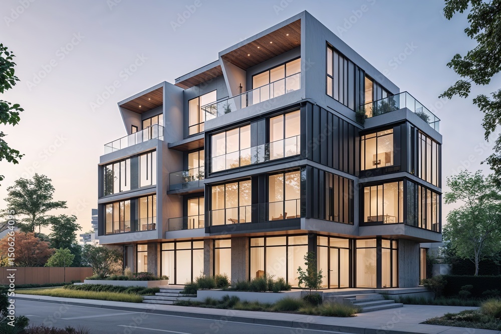 Naklejka premium Modern Condominium Facade Design Set Against Light Background