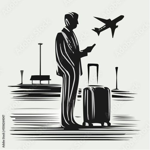Businessman waiting at airport with suitcase and airplane overhead  