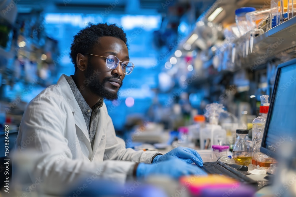 A dark-skinned man in a white lab coat, wearing blue nitrile gloves and glasses, sits at a lab bench working on a computer A dark-skinned man in a white lab coat, wearing blue nitrile gloves and glasses, sits at a lab bench working on a computer