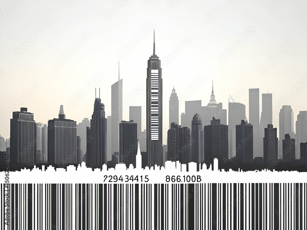 Fototapeta premium Cityscape Silhouette with Barcode Overlay Urban Architecture
