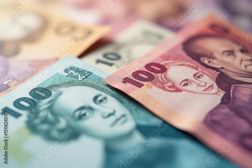 Abstract blurred currency backdrop, various denominations, retro, graphic