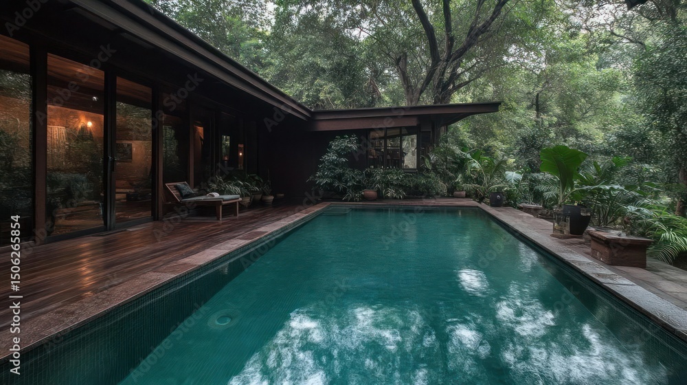 Obraz premium Serene Swimming Pool Surrounded by Lush Greenery