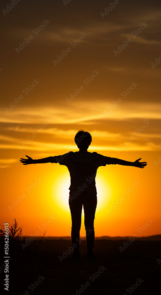 Fototapeta premium Silhouette of a Person with Open Arms Facing the Sunset