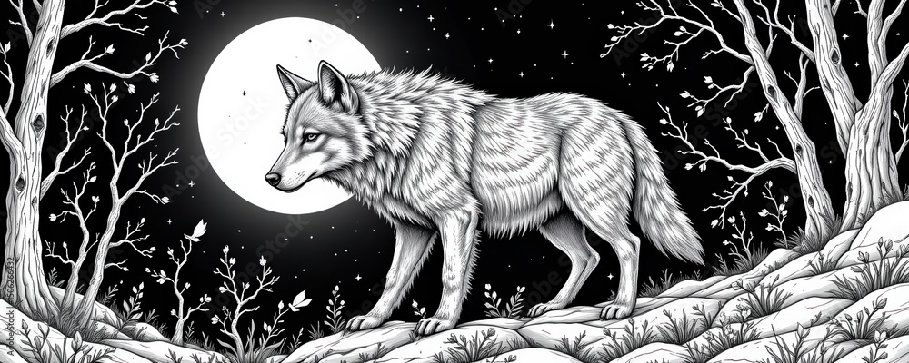 Fototapeta premium A lone wolf walks through a snowy forest at night, illuminated by a full moon and surrounded by bare trees and stars.