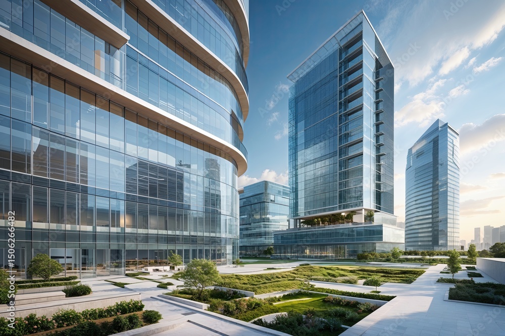 Obraz premium Modern Urban Landscape Featuring Sleek Architecture Clear Glass Office Towers and Functional Workspace Design