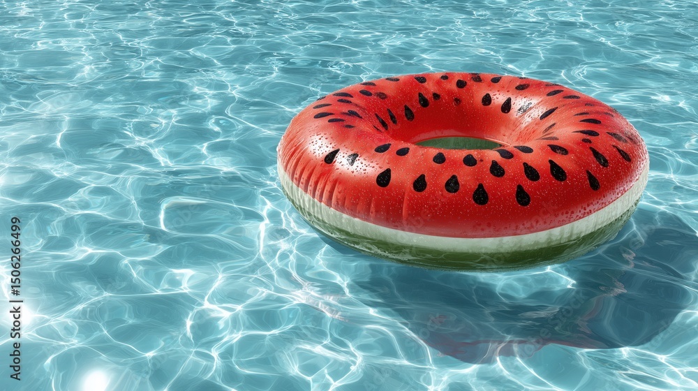 watermelon pool float, bright red with black seeds, rests on a clear turquoise swimming pool with rippling water, catching sunlight. watermelon pool float, bright red with black seeds, rests on a clear turquoise swimming pool with rippling water, catching sunlight.