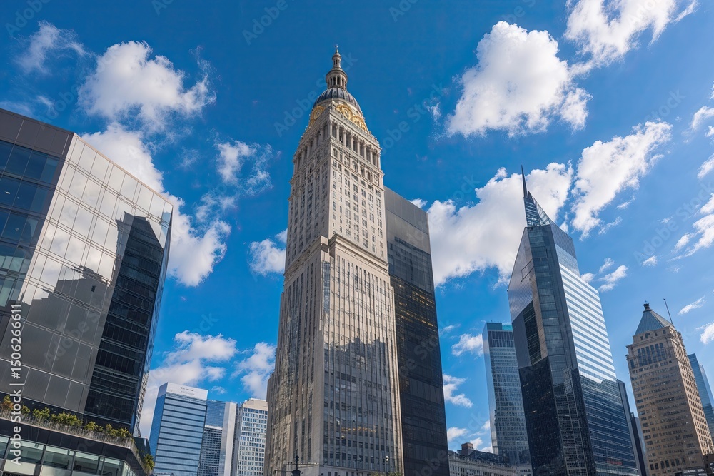 Obraz premium Modern Office Buildings Under Clear Blue Sky in Financial District