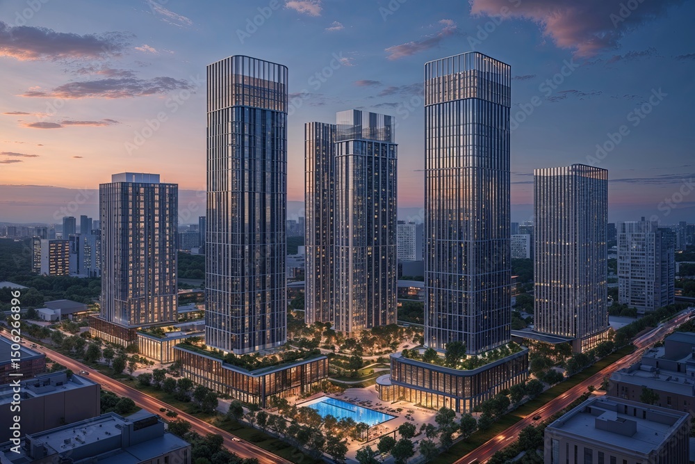 Fototapeta premium Stunning Skyscrapers in the Growing Urban Hub at Twilight