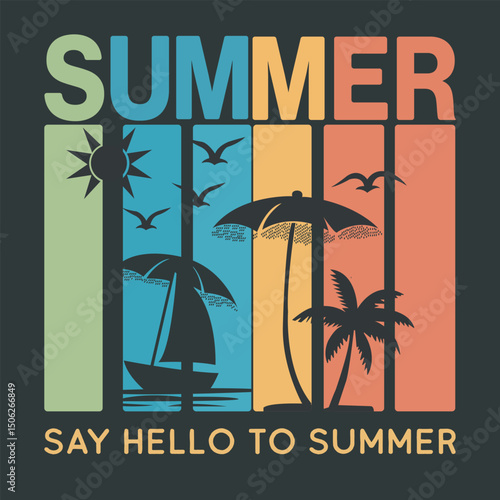 Hello summer. Welcome summer. Retro Say Hello to Summer Vector Design. Colorful Striped Sunset Background with Palm Trees, Umbrellas, and Birds Silhouette. Summer Lettering and calligraphy for poster