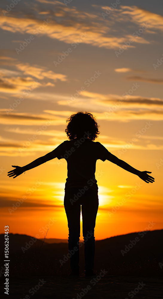 Fototapeta premium Silhouette of a Person with Open Arms Facing the Sunset