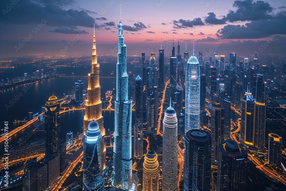 Fototapeta premium Aerial View of Shimmering Reflective Skyscrapers in Urban Landscape Against Vibrant Night Skyline