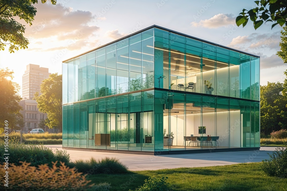 Eco-Friendly Glass Office Building Nestled in Lush Urban Landscape Bathed in Morning Sunlight Eco-Friendly Glass Office Building Nestled in Lush Urban Landscape Bathed in Morning Sunlight