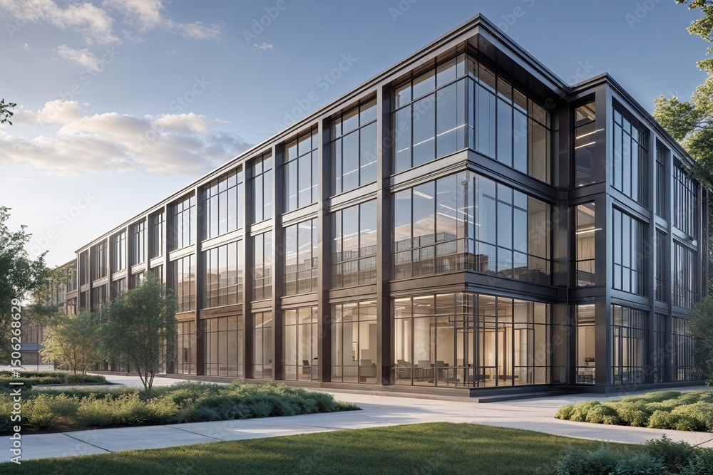 Fototapeta premium Modern Office Designs with Expansive Windows and Distinctive Facades