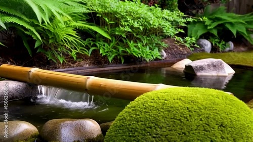 Traditional Japanese Garden with Bamboo Water Feature