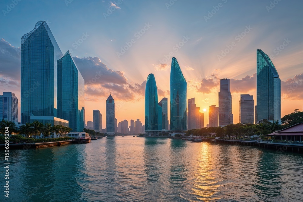 Fototapeta premium Calm Sunrise Above Stunning Skyline and Modern Glass Building by Canal in Southeast Asia