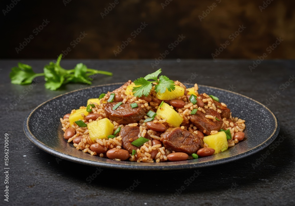 A plate of rice with beans, meat, and pineapple chunks, garnished with cilantro A plate of rice with beans, meat, and pineapple chunks, garnished with cilantro