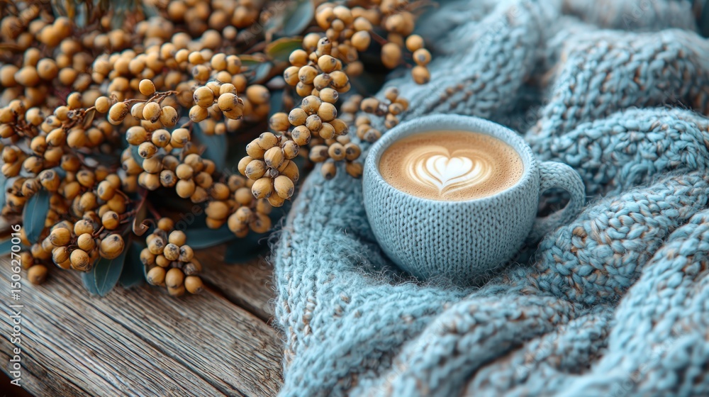 Warm Coffee Latte Art on Cozy Blanket with Berry Accent Warm Coffee Latte Art on Cozy Blanket with Berry Accent