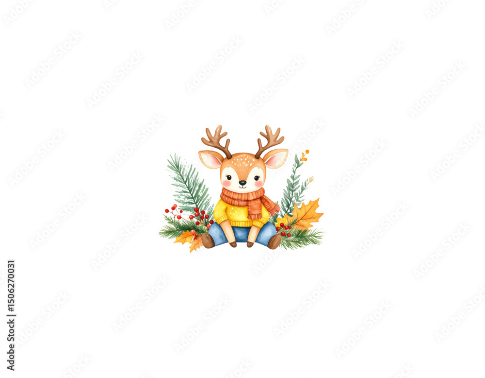 Watercolor Cute Deer in Sweater with Scarf Surrounded by Autumn Leaves, watercolor illustration Watercolor Cute Deer in Sweater with Scarf Surrounded by Autumn Leaves, watercolor illustration