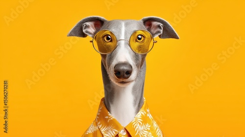 Greyhound in Sunglasses and Hawaiian Shirt on Yellow Background