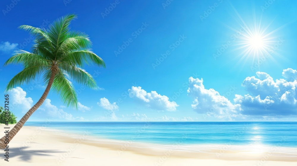 Fototapeta premium Relaxing Tropical Beach with Palm Tree Blue Sky and Sparkling Water