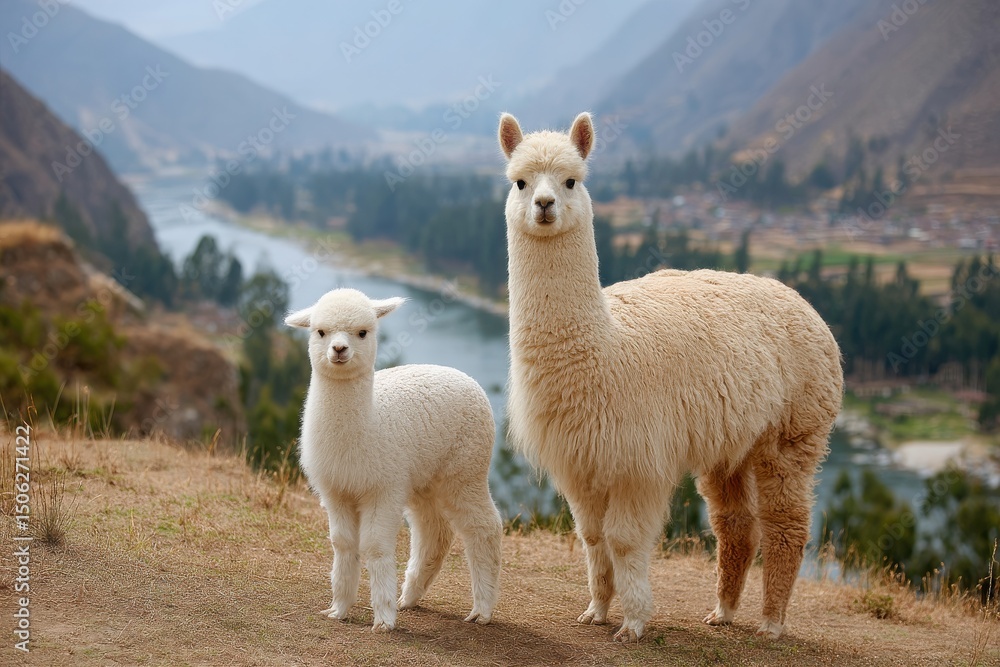Alpaca Pair Standing in Scenic Mountain Landscape Near River Alpaca Pair Standing in Scenic Mountain Landscape Near River