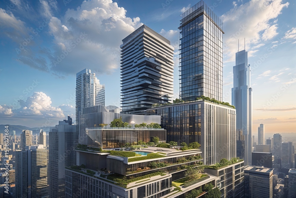 Obraz premium Exploring Modern Architecture Layers with Skyscrapers and Urban Cityscapes