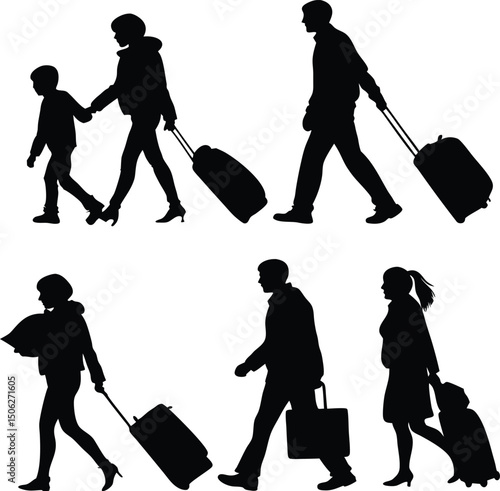 Silhouettes of people traveling with luggage and handbags illustrating travel and transportation