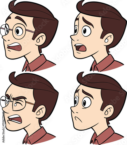 Expressive cartoon man showing different emotions of surprise fear anger and sadness