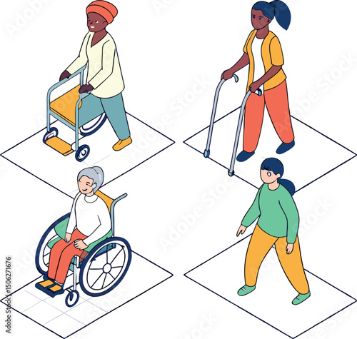 Diverse group of people with mobility aids in isometric illustration style