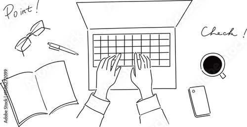 パソコンで勉強や仕事をするオシャレなシンプルイラスト