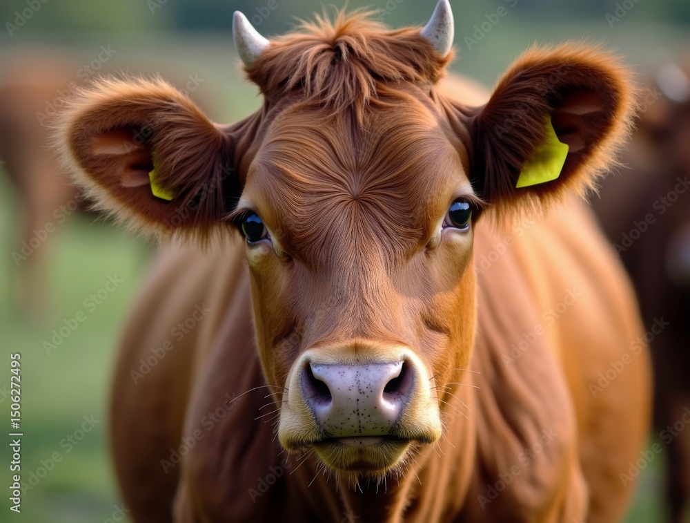 A close-up shot of a cow's face, highlighting its expressive eyes and textured fur A close-up shot of a cow's face, highlighting its expressive eyes and textured fur