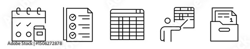 Conjunto de iconos de planificación académica. Organización, seguimiento, programación. Calendario de estudios, tareas completadas, esquema visual, clase estructurada, archivo ordenado