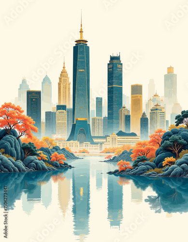 Autumnal Cityscape Reflection in Serene Pond