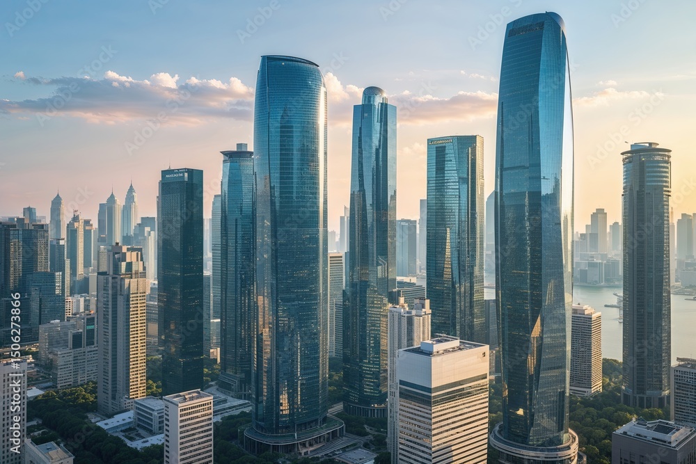 Obraz premium Stunning Urban Skyline Featuring Gleaming Skyscrapers and Modern Office Architecture