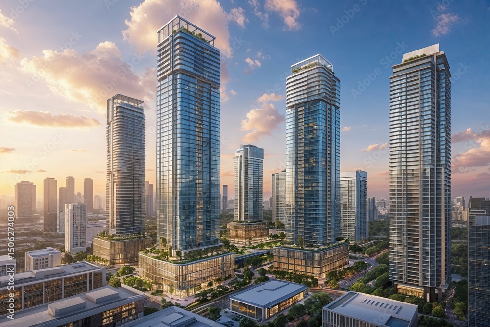Fototapeta premium Stunning Urban High-Rises and Dynamic Commercial Office Spaces in Lively Cityscapes