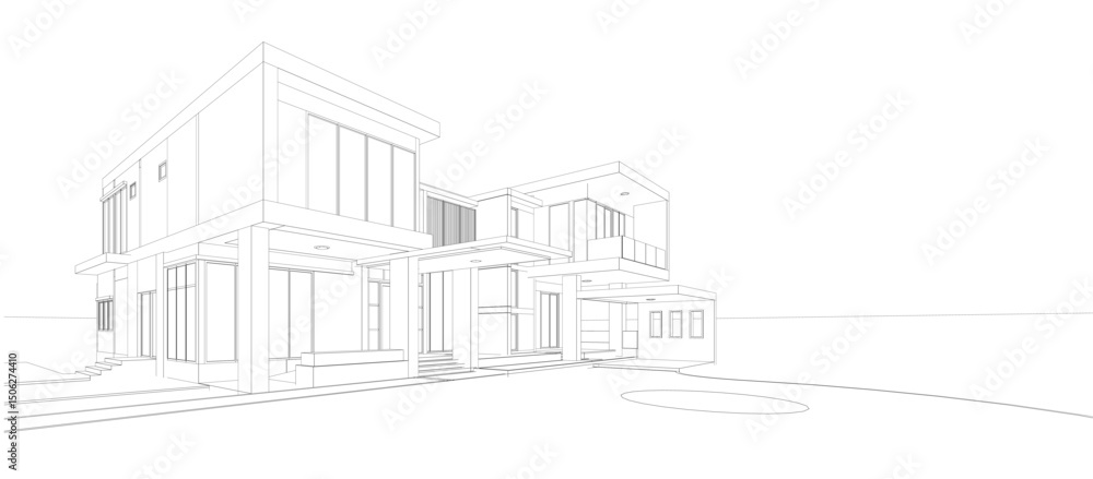 Fototapeta premium Perspective 3D render of building wireframe - Vector illustration 