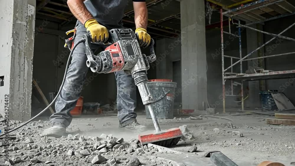 Demolition Hammer in Action: Construction Site Detail Demolition Hammer in Action: Construction Site Detail