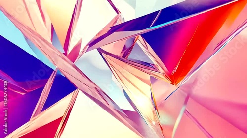 Abstract composition of polygonal geometric shapes with vibrant color gradients and sharp angles, featuring specular highlights and dynamic forms