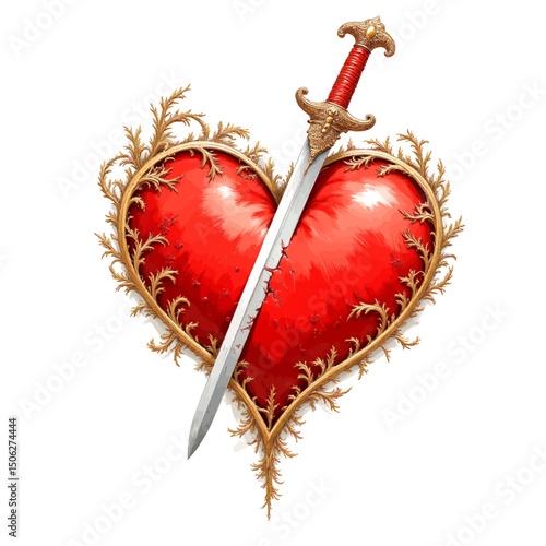 Broken Heart with Sword, Red and Gold, Symbolizing Betrayal