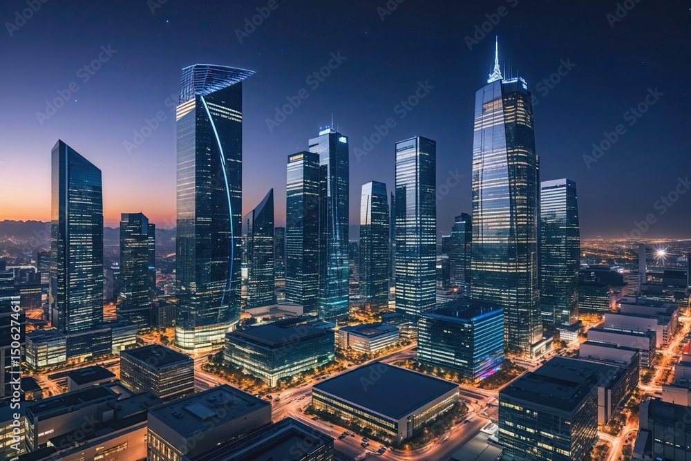 Fototapeta premium Modern Urban Business Skyline with High-Rise Buildings and Advanced Technology at Night
