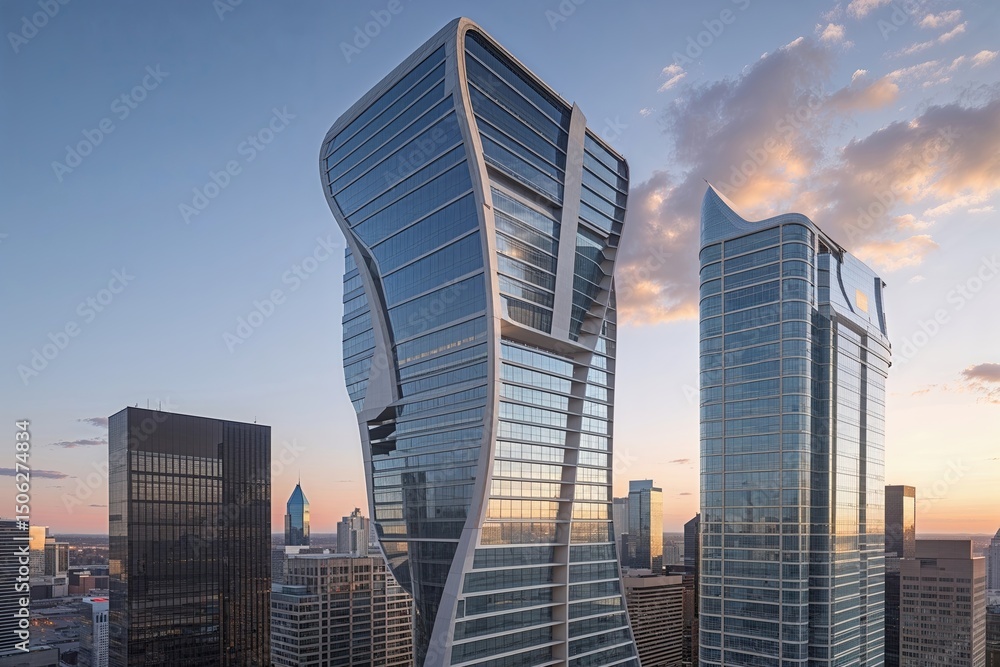 Fototapeta premium Innovative Glass Skyscraper Redefines Modern Downtown Skyline with Fluid Design