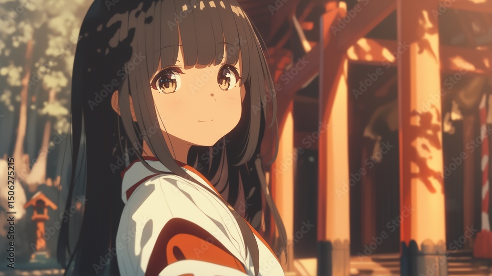 Obraz premium 神社で働くアニメ調の美少女巫女