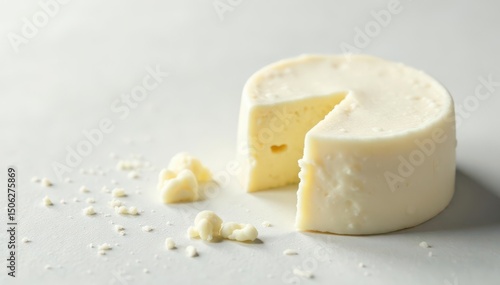 Soft white cheese, delicate crumbly texture, pristine backdrop, dairy product, dairy