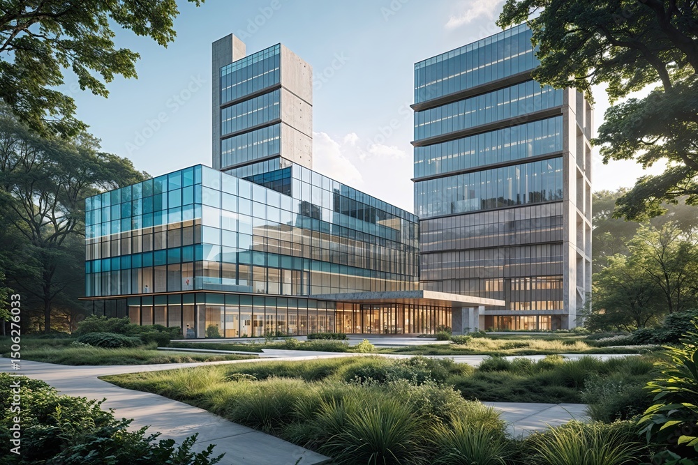 Obraz premium Innovative Healthcare Facility Featuring Modern Glass Facade and Sturdy Concrete Towers Surrounded by Lush Greenery