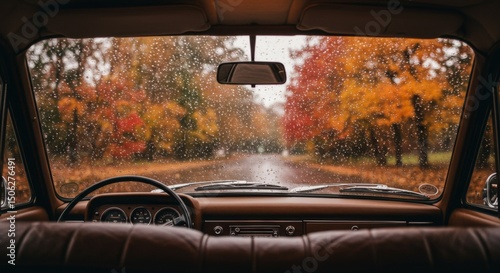 Rainy Autumn Road Trip: View from Classic Car