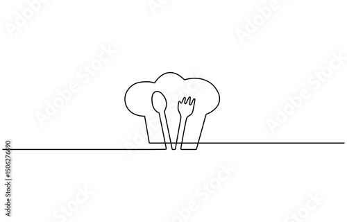 one continuous line drawing of fork and spoon on white background. Cooking, kitchen and table manner, Spoon,  Serving spoon, Icon, Vector drawing, One line art, A simple drawing.