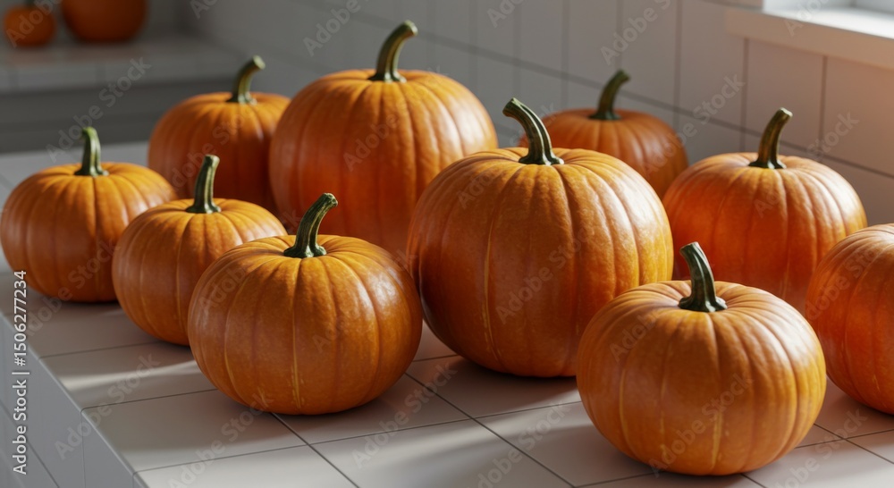 Obraz premium Arrangement of Pumpkins on a White Table