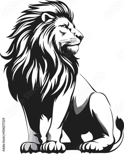The lion king sat gazing into the distance at the black and white vector